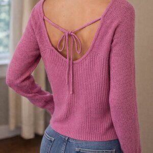 Pink Rose Open Back Tie Sweater Orchid Flower L NWT